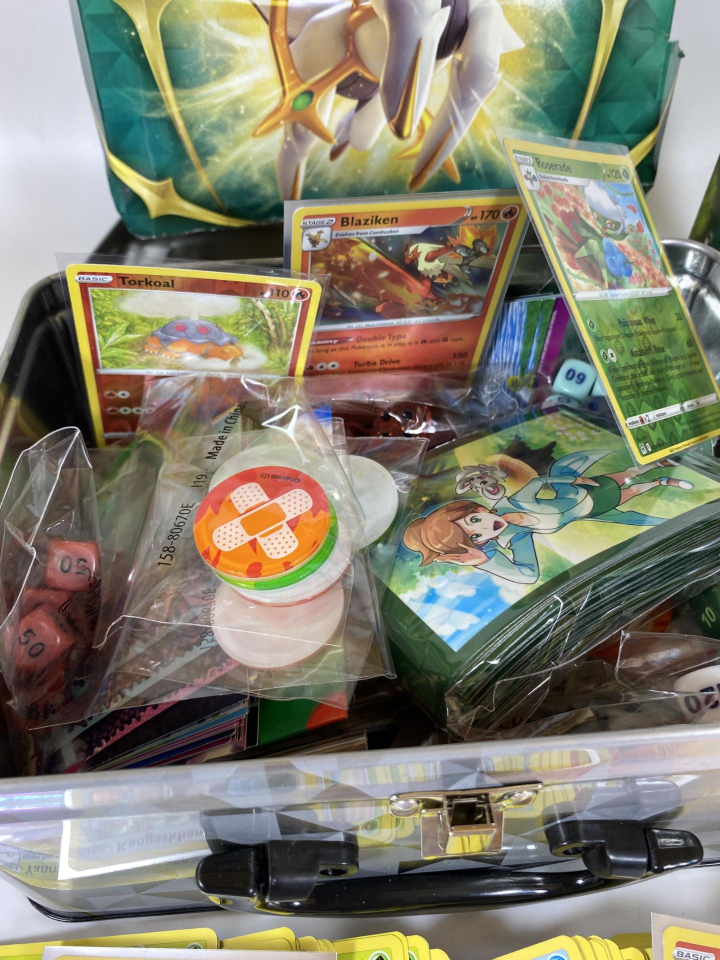 A POKEMON TIN TRAINER BOX FULL OF CARDS, GAME COUNTERS, RARES, HOLOS ETC - Image 2 of 5