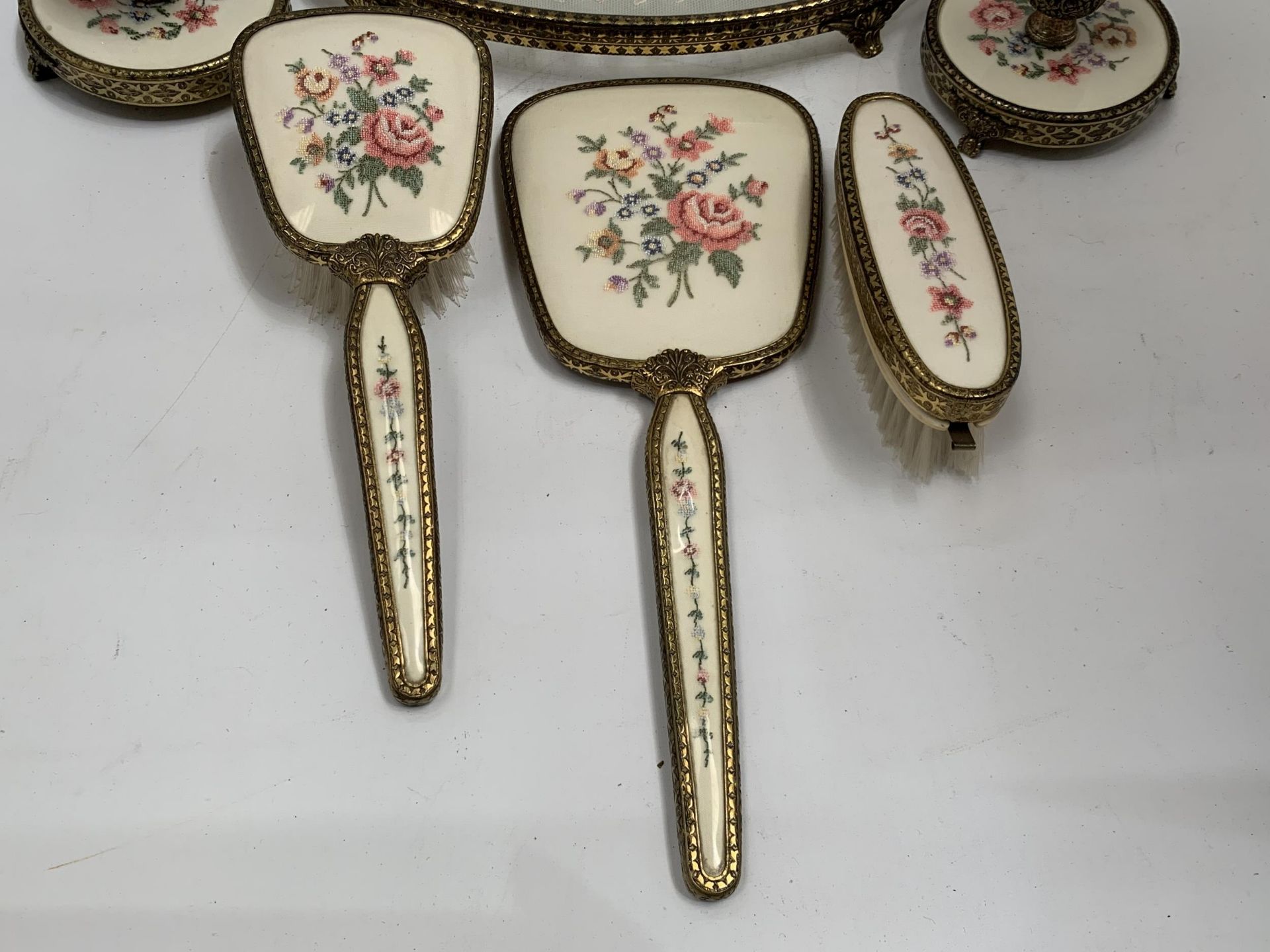 A VINTAGE FLORAL EMBROIDERED DRESSING SET WITH TRAY AND CANDLESTICKS ETC - Image 4 of 4