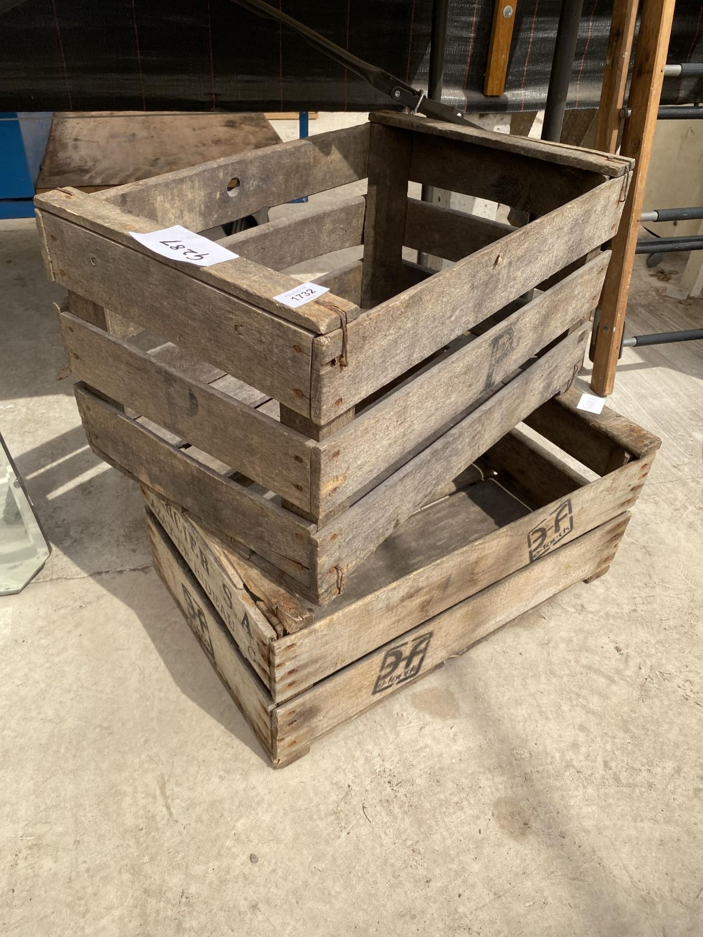 TWO VINTAGE WOODEN MONOGRAMED CRATES