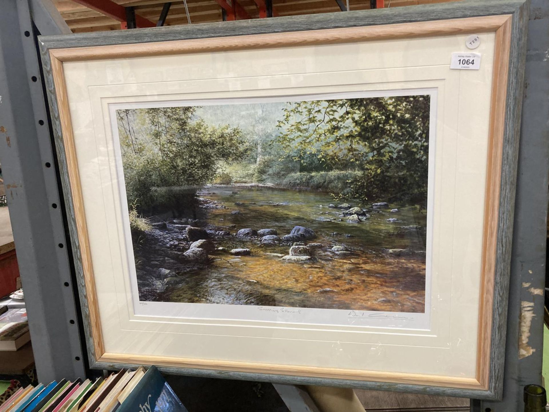 A FRAMED PENCIL SIGNED LIMITED EDITION PRINT TITLED 'STEPPING STONES'