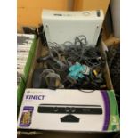 A NINTENDO DS AND XBOX 360 WITH VARIOUS ACESSORIES TO INCLUDE KINECT SENSOR, CONTROLLER BATTERY
