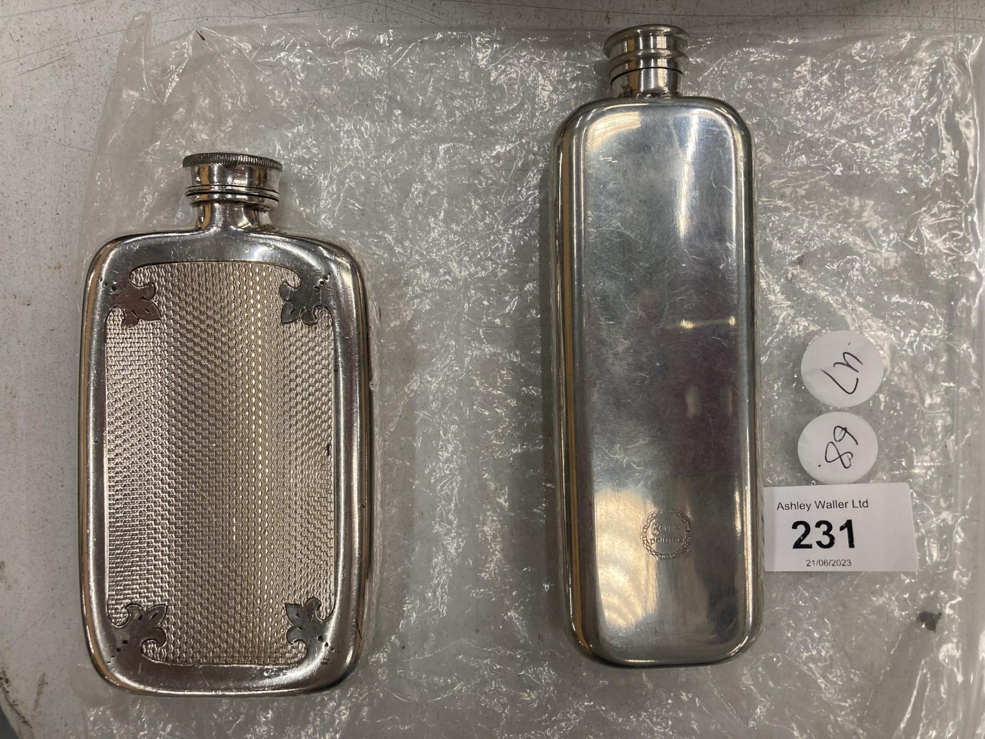 TWO PEWTER HIP FLASKS TO INCLUDE A CELTIC EXAMPLE - Image 2 of 3