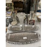 A MIXED LOT, SILVER PLATED TRAYS, PEWTER TANKARDS ETC