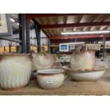 TWO LARGE CERAMIC WASHBOWLS AND SHELL SHAPED JUGS, A CHAMBER POT AND A SLOP-PAIL