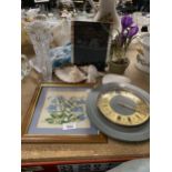 A MIXED LOT TO INCLUDE A SLATE CLOCK, SHELLS, A FRAMED CROSS STITCH, PHOTO FRAME, CUTLERY, VASE, ETC