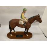 A BESWICK HORSE AND JOCKEY FIGURE - LESTER PIGGOT ON NIJINSKY ON WOODEN PLINTH BASE