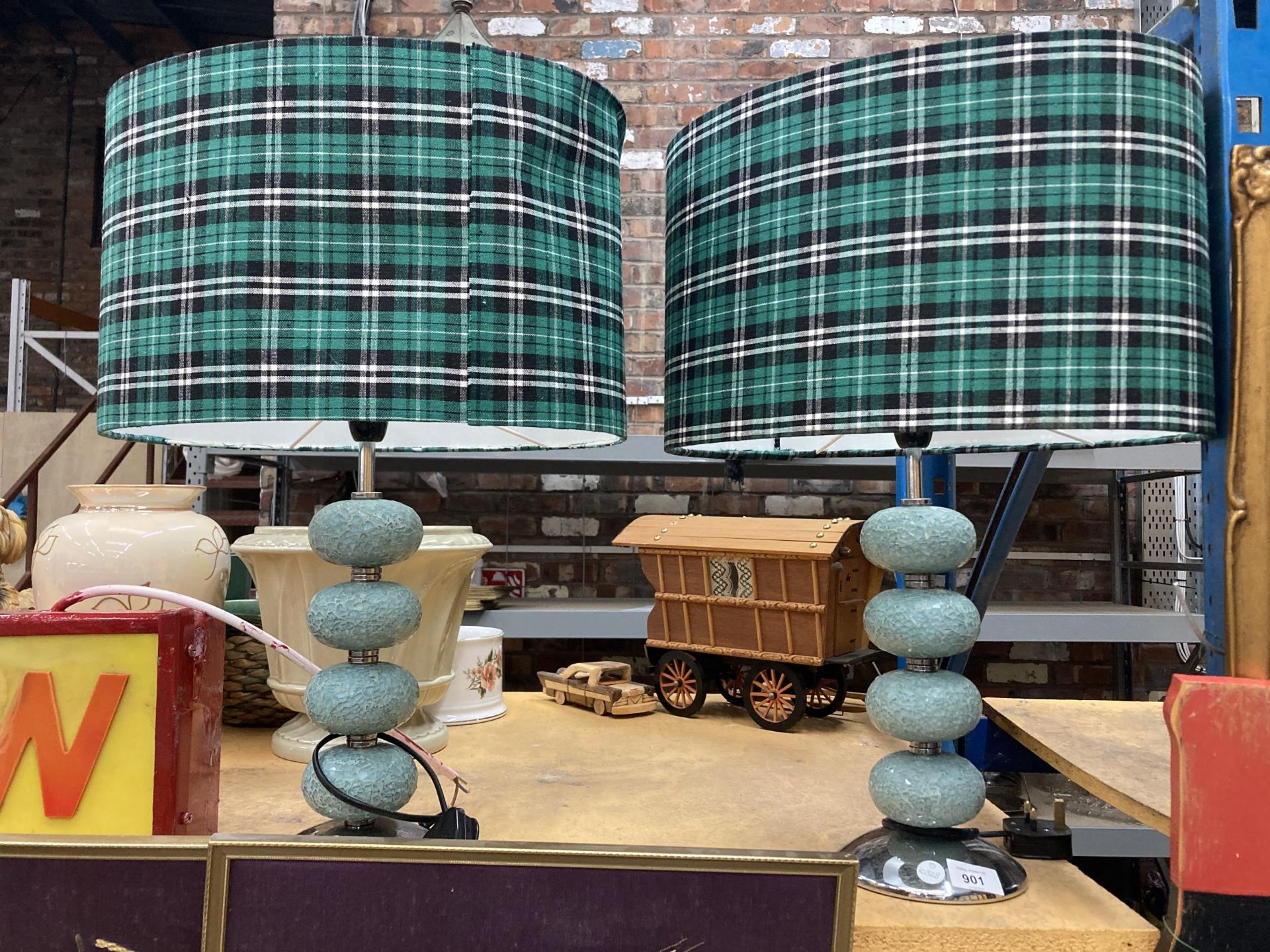 A PAIR OF TABLE LAMPS WITH TARTAN SHADES