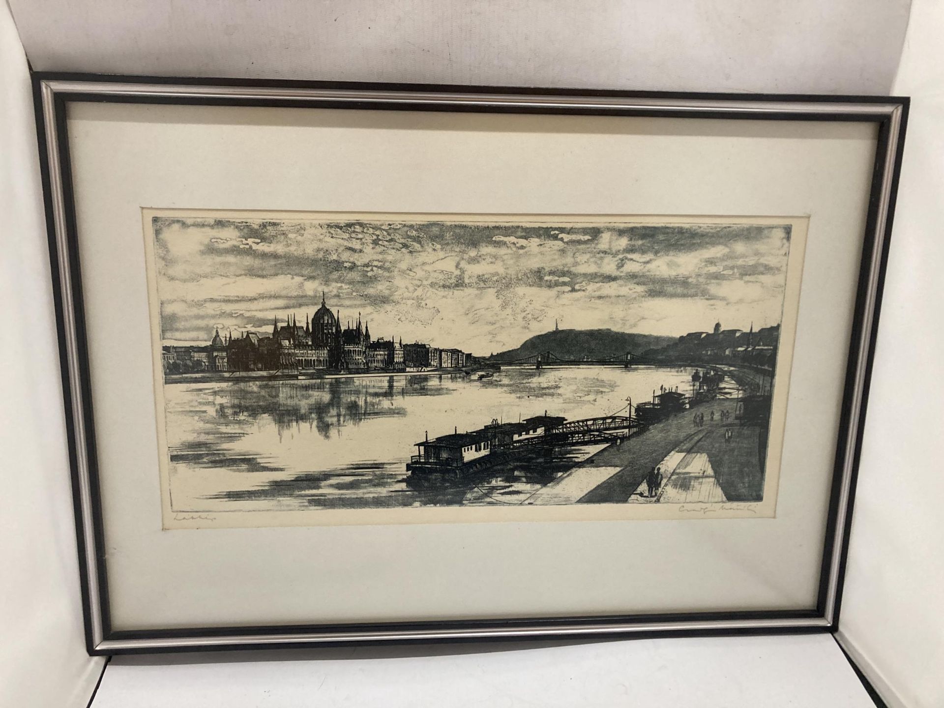 A FRAMED PENCIL SIGNED C. SURGOI MATE LASZLO, ENGRAVING OF BUDAPEST, HUNGARY WITH ORIGINAL RECEIPT