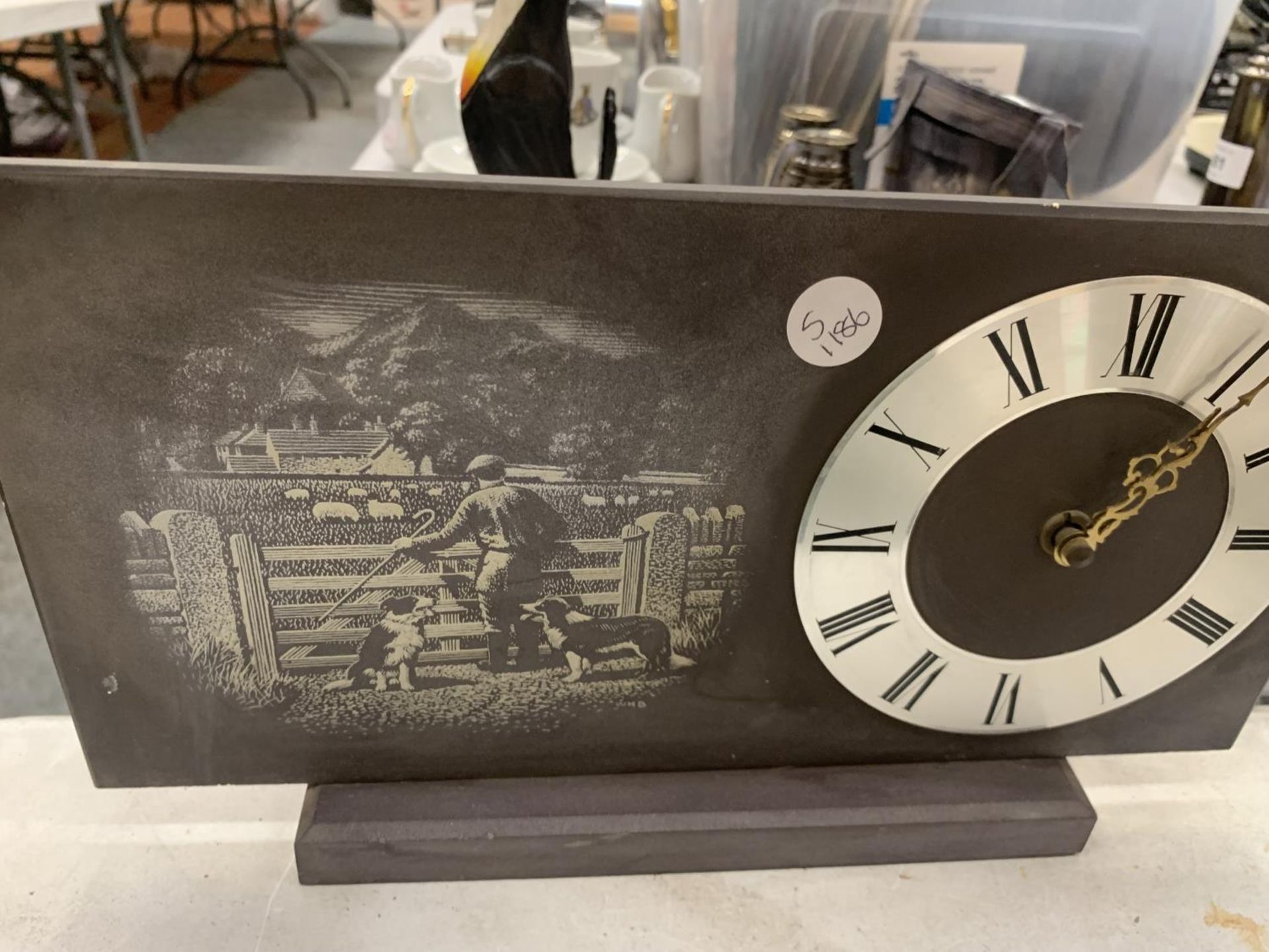 A SLATE MANTLE CLOCK WITH A SHEPHERD AND SHEEPDOG IMAGE AND A SLATE BAROMETER AND HYGROMETER - Image 3 of 3