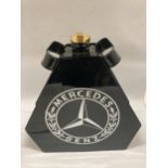 A BLACK MERCEDES METAL PETROL CAN WITH BRASS TOP