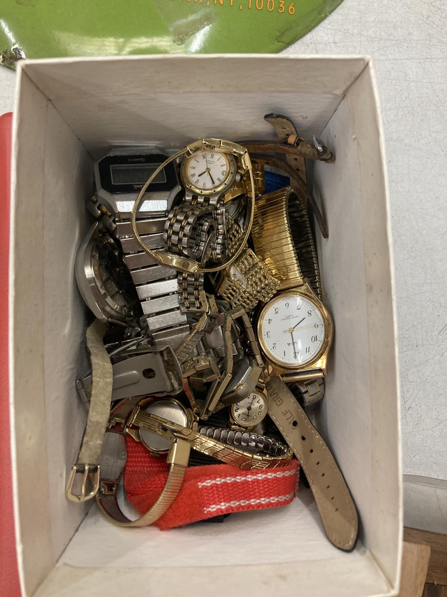 A BOX OF ASSORTED WATCHES, ROTARY, AVIA ETC