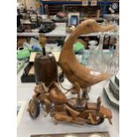 A MIXED LOT TO INCLUDE WOODEN DUCK, WOODEN MOTORBIKE MODEL, SHIPS BAROMETER ETC