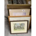 A GROUP OF FOUR PICTURES TO INCLUDE A WATERCOLOUR OF A HOUSE, FRAMED PRINTS, ETC