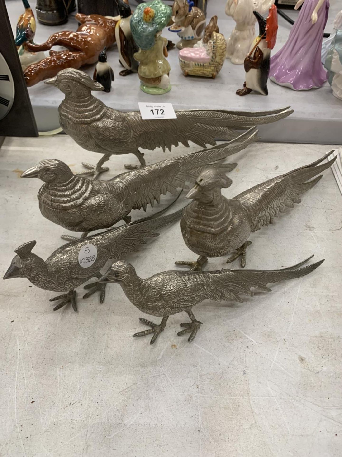 THREE LARGE AND TWO SMALLER WHITE METAL PHEASANTS - Image 2 of 2