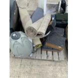 AN ASSORTMENT OF HOUSEHOLD CLEARANCE ITEMS TO INCLUDE A TV, STEREO ITEMS AND RUGS ETC