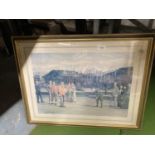 A LARGE GILT FRAMED ALLEN C SEALY GOLFING PRINT