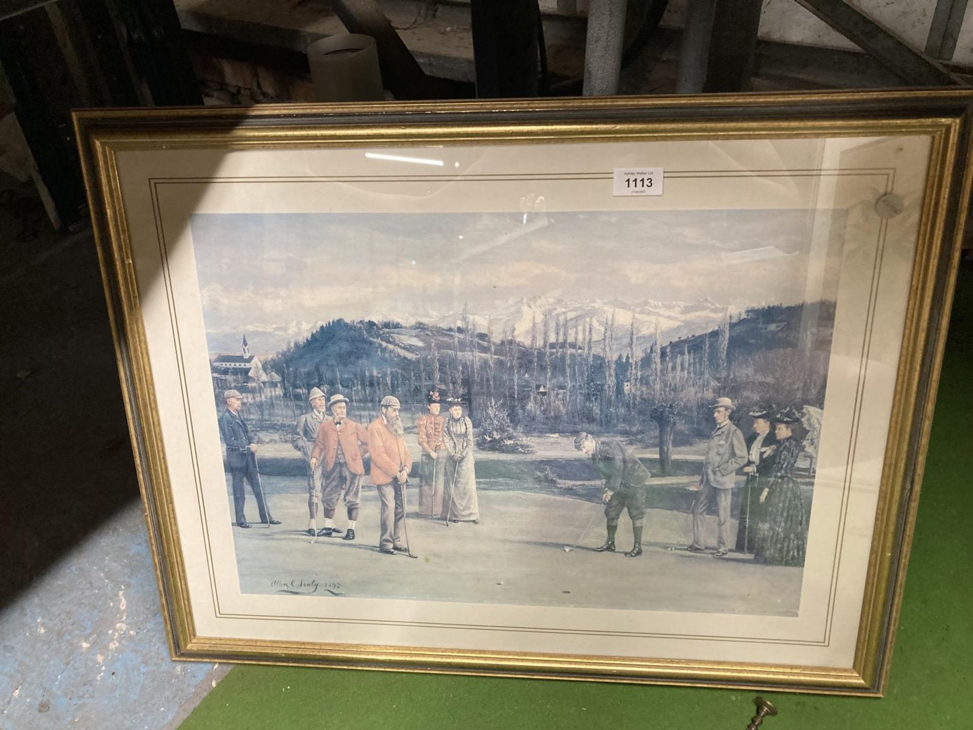 A LARGE GILT FRAMED ALLEN C SEALY GOLFING PRINT