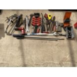 A LARGE ASSORTMENT OF TOOLS TO INCLUDE SPANNERS, SNIPS AND DRILL BITS ETC