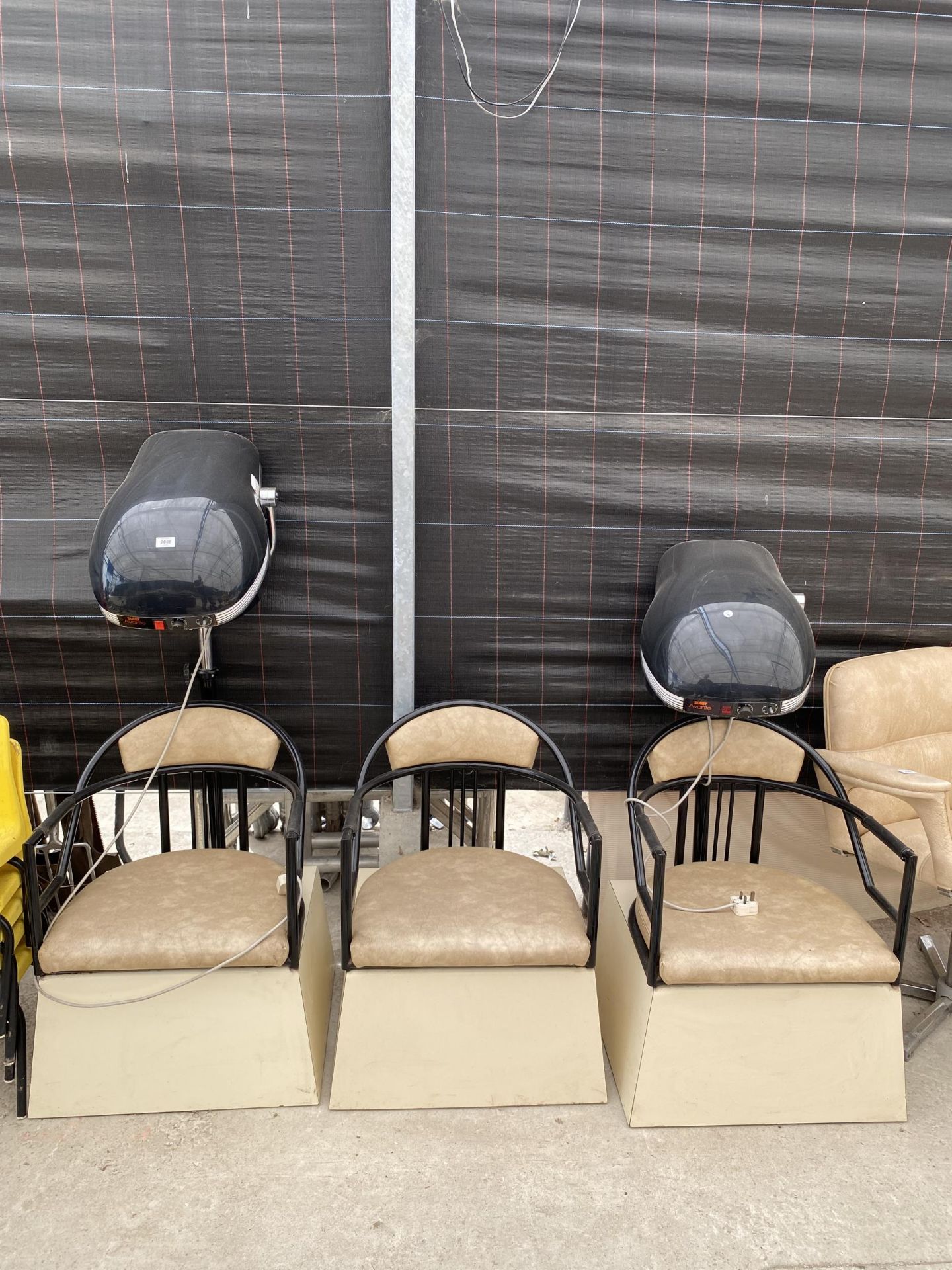 TWO HAIRDRESSERS HAIRDRYER CHAIRS AND A FURTHER HAIR DRESSING CHAIR