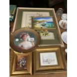 A FRAMED CROSS STITCH TAPESTRY, SMALL GILT FRAMED PRINTS AND A CABINET PLATE