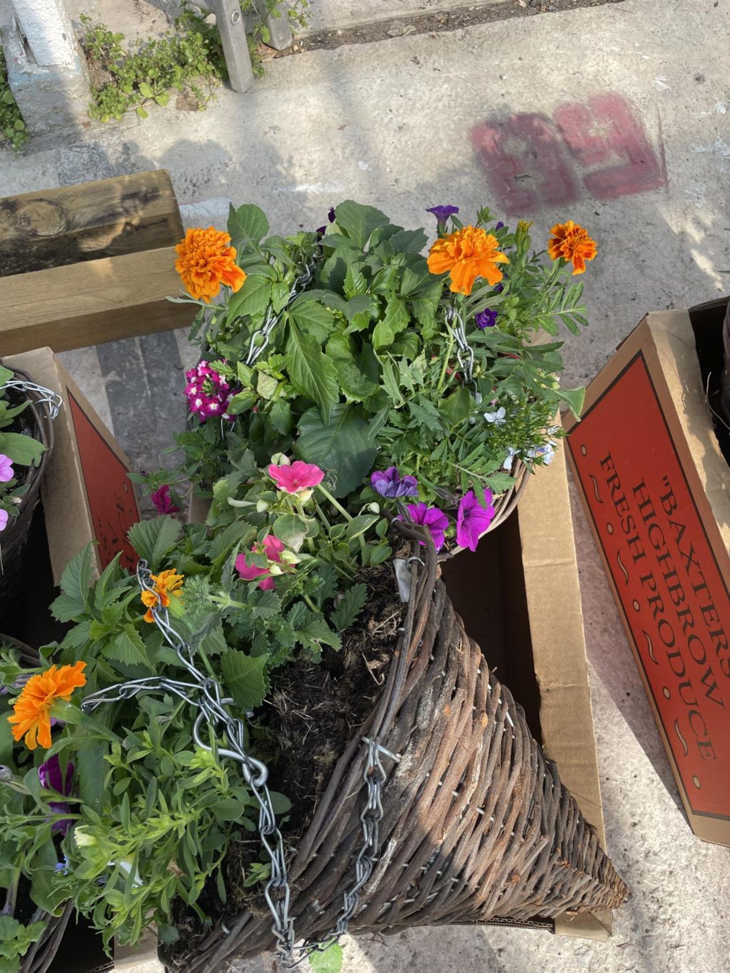 TWO WICKER CONE HANGING BASKETS + VAT