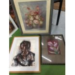 A GROUP OF THREE PICTURES, ABSTRACT WATERCOLOUR OF A MAN AND FLORAL PRINTS