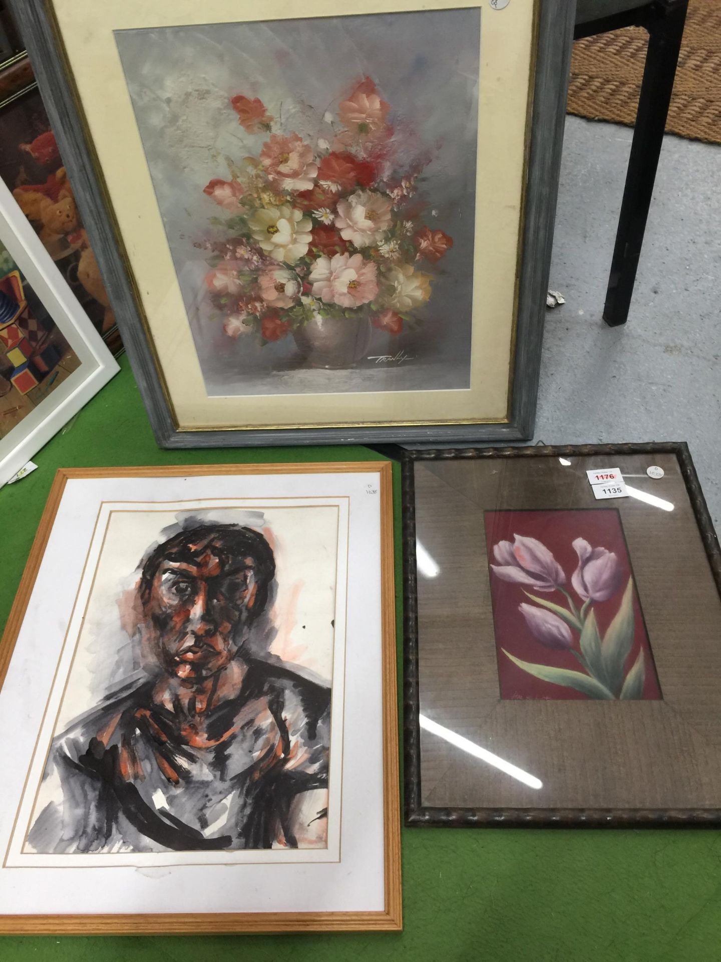 A GROUP OF THREE PICTURES, ABSTRACT WATERCOLOUR OF A MAN AND FLORAL PRINTS