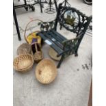 AN ASSORTMENT OF ITEMS TO INCLUDE A CHILDS SLATTED CHAIR WITH CAST ENDS AND BACK AND AN ASSORTMENT