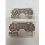 TWO BANK OF ENGLAND MAUVE TEN SHILLINGS NOTES SIGNED PEPPIATT (1934-1949)