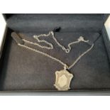 A SILVER NECKLACE WITH A HALLMARKED BIRMINGHAM SILVER FOB IN A PRESENTATION BOX