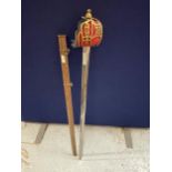 A VINTAGE OFFICERS STYLE SWORD AND SCABBARD WITH GILT DESIGN HANDLE