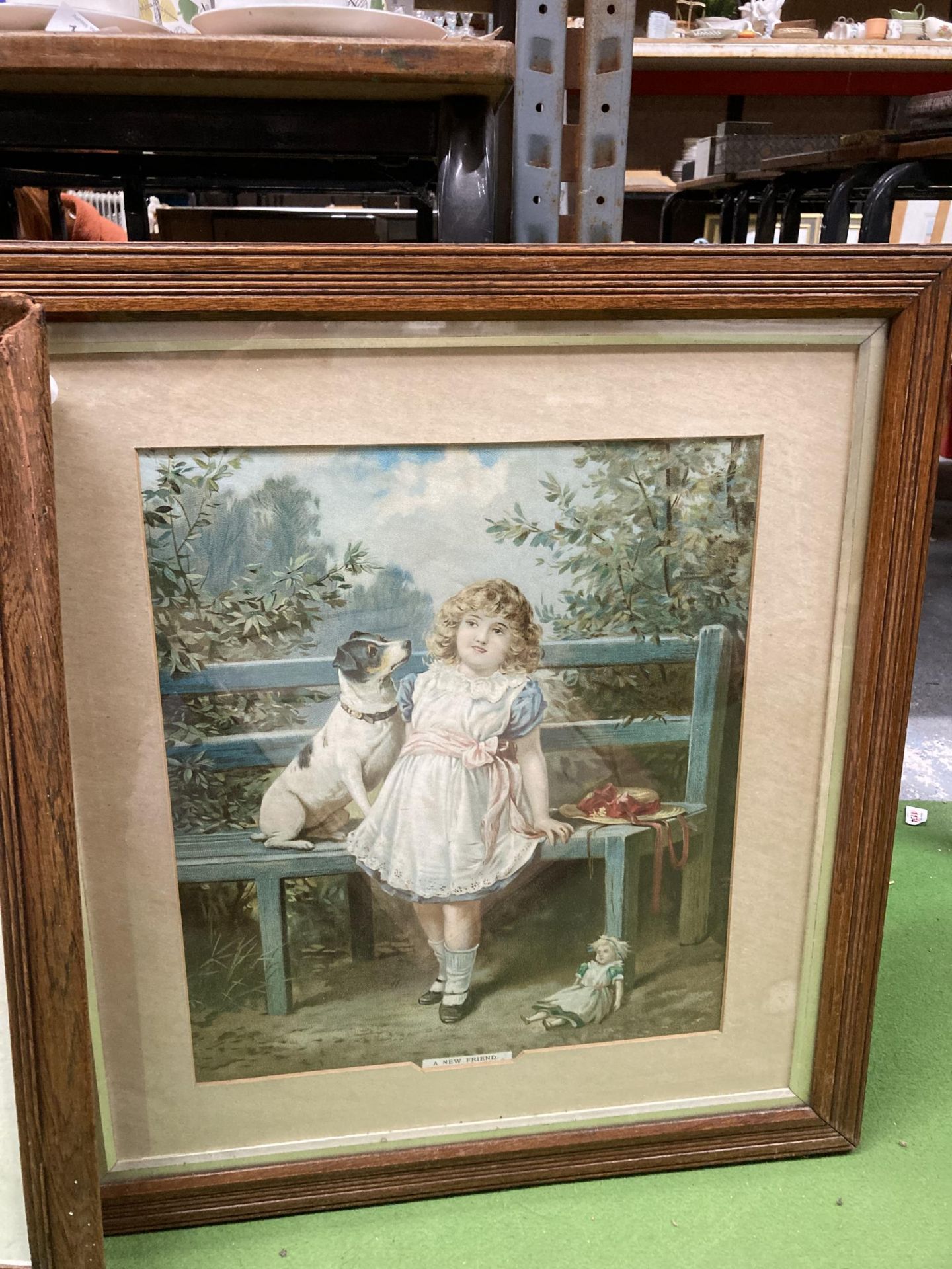 THREE VINTAGE OAK FRAMED PRINTS TO INCLUDE 'A NEW FRIEND' ETC - Image 3 of 5