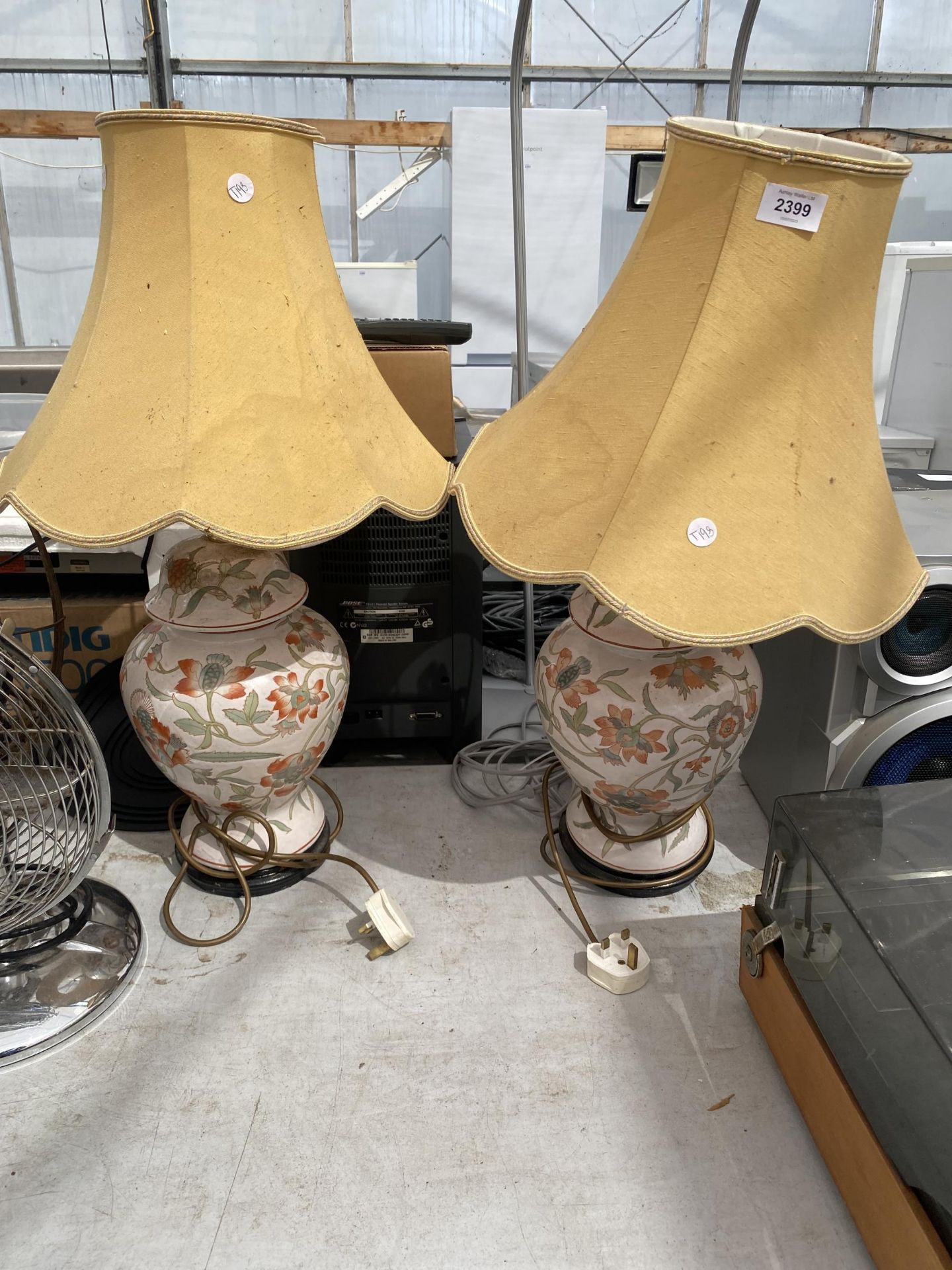 TWO FLORAL CERAMIC TABLE LAMPS WITH SHADES