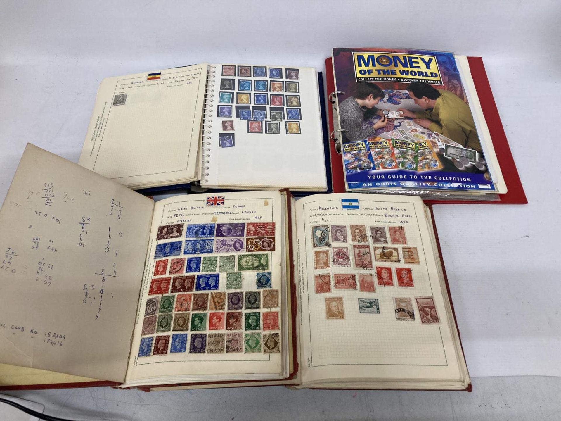 SMALL BOX CONTAINING 3 ALBUMS OF STAMPS PLUS AN ALBUM OF BANKNOTES ( UK £11 + 10/- NOTE ) AND STAMPS