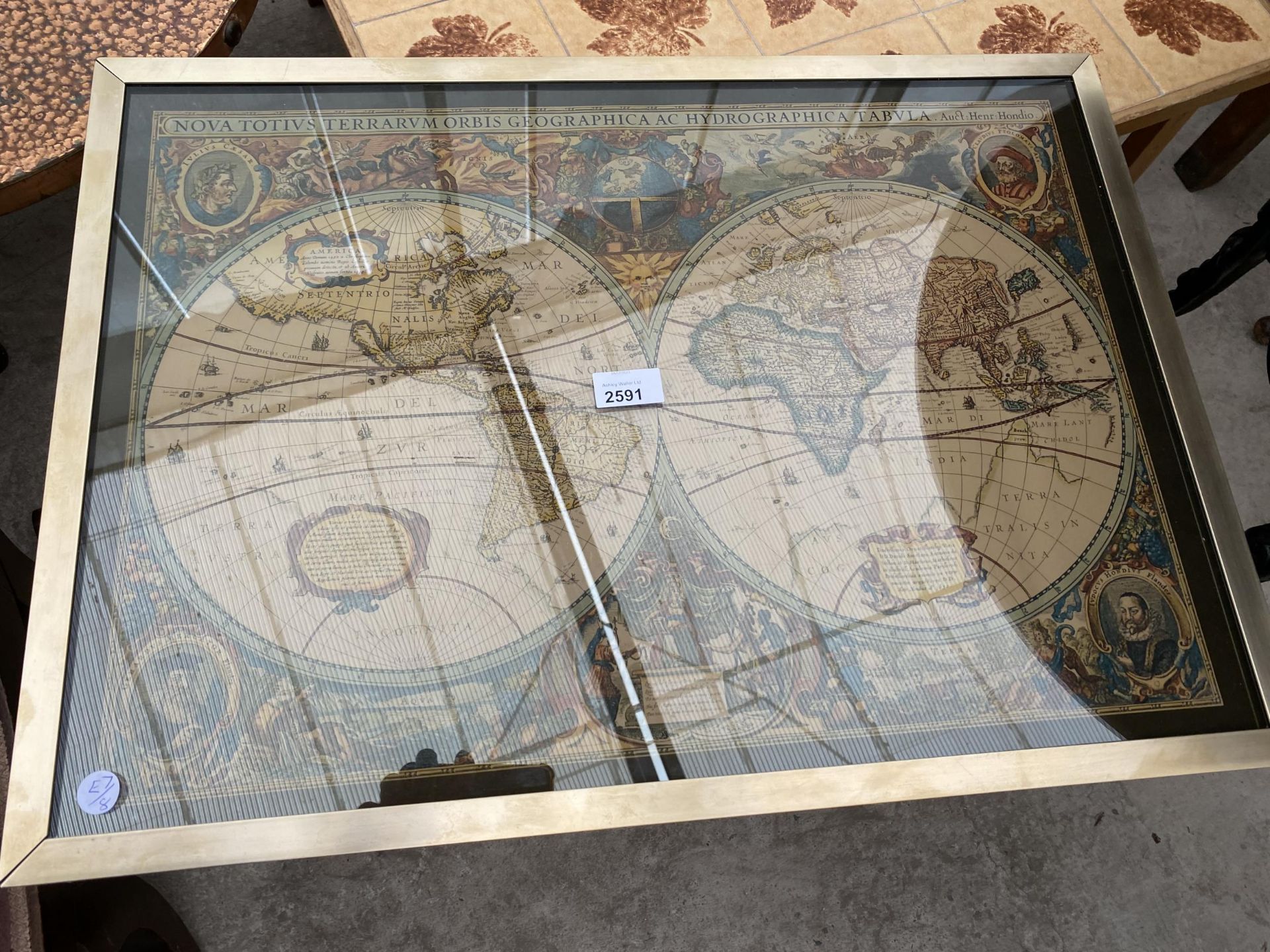 A MODERN COFFEE TABLE, THE TOP INSET WITH VINTAGE STYLE WORLD MAP, 25X18" - Image 2 of 3