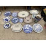 AN ASSORTMENT OF CERAMICS TO INCLUDE VASES AND BLUE AND WHITE PLATES ETC