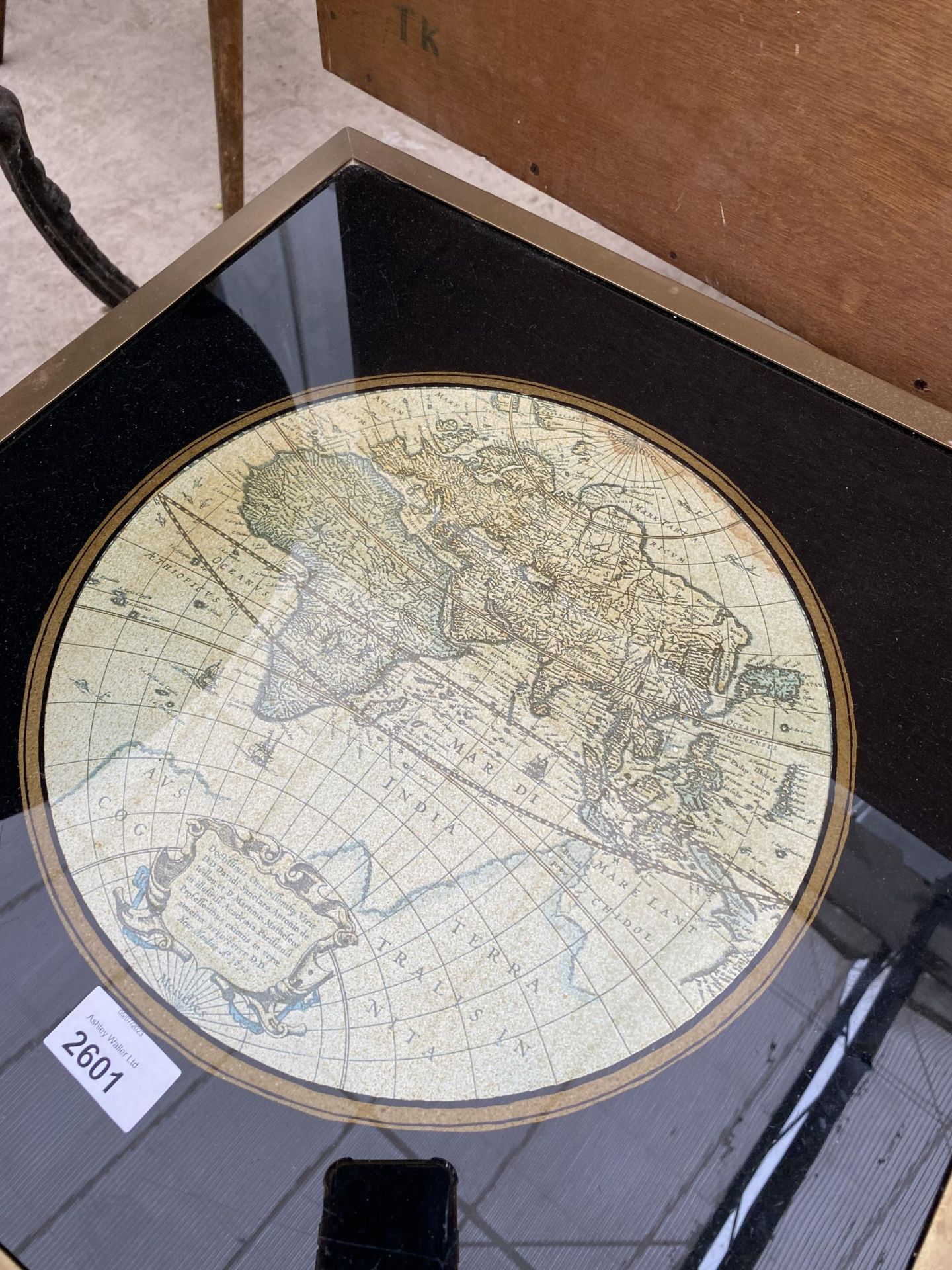 A PAIR OF LOW LAMP TABLES, THE TOPS INSET WITH WORLD MAPS, 18" SQUARE, WITH BRASS EDGES - Image 3 of 3