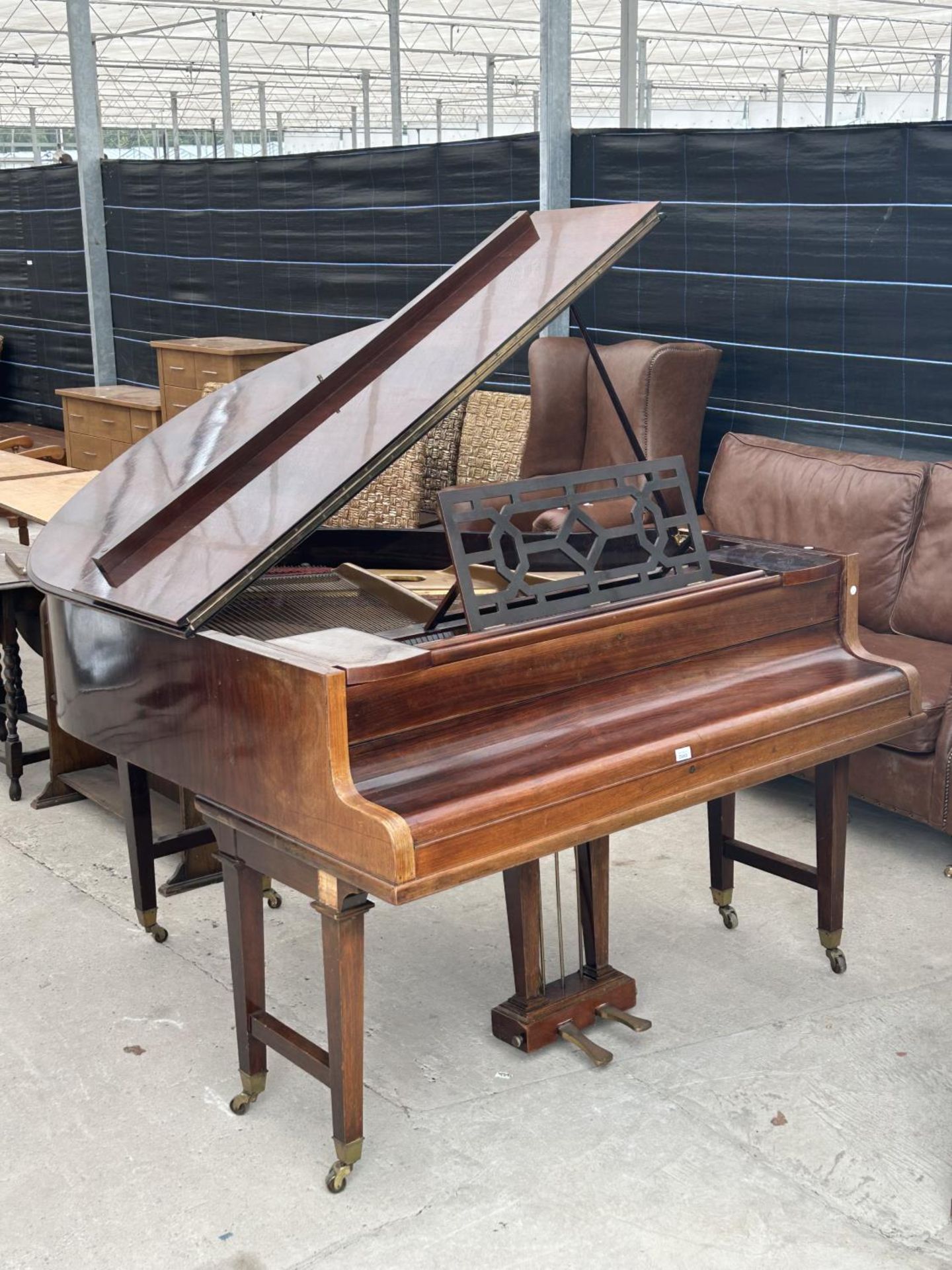 A JOHN BROADWOOD & SONS BOUDOIR GRAND PIANO (NO.52856) ON SIX TAPERING LEGS, WITH BRASS FITTINGS AND