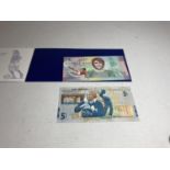 AN ULSTER BANK GEORGE BEST FIVE POUND NOTE IN A FOLDER AND A BANK OF SCOTLAND JACK NICKLAUS FIVE