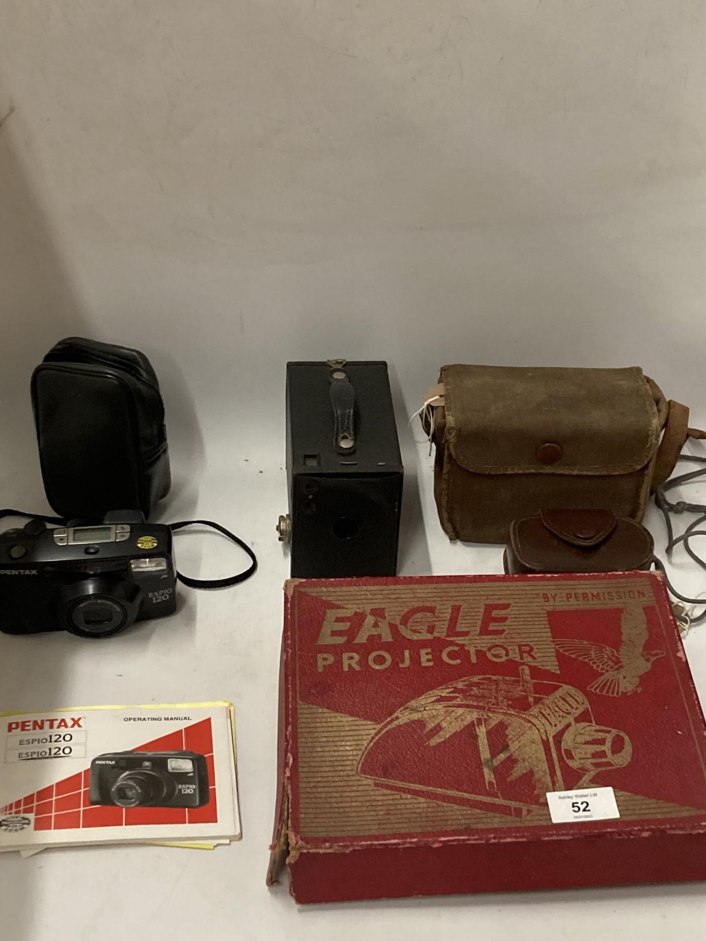 A PENTAX ESPIO 120 CAMERA AND CASE, EAGLE BOXED PROJECTOR ETC