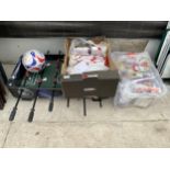 AN ASSORTMENT OF ITEMS TO INCLUDE A FOOTBALL TABLE, FLAGS AND A FOOTBALL ETC
