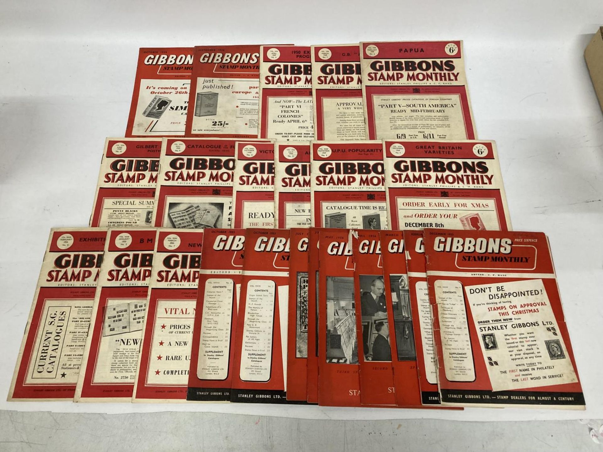 A QUANTITY OF GIBBONS STAMP MONTHLY 1949 - 1956 COLLECTION OF 24 PHILATELIC MAGAZINES IN USED