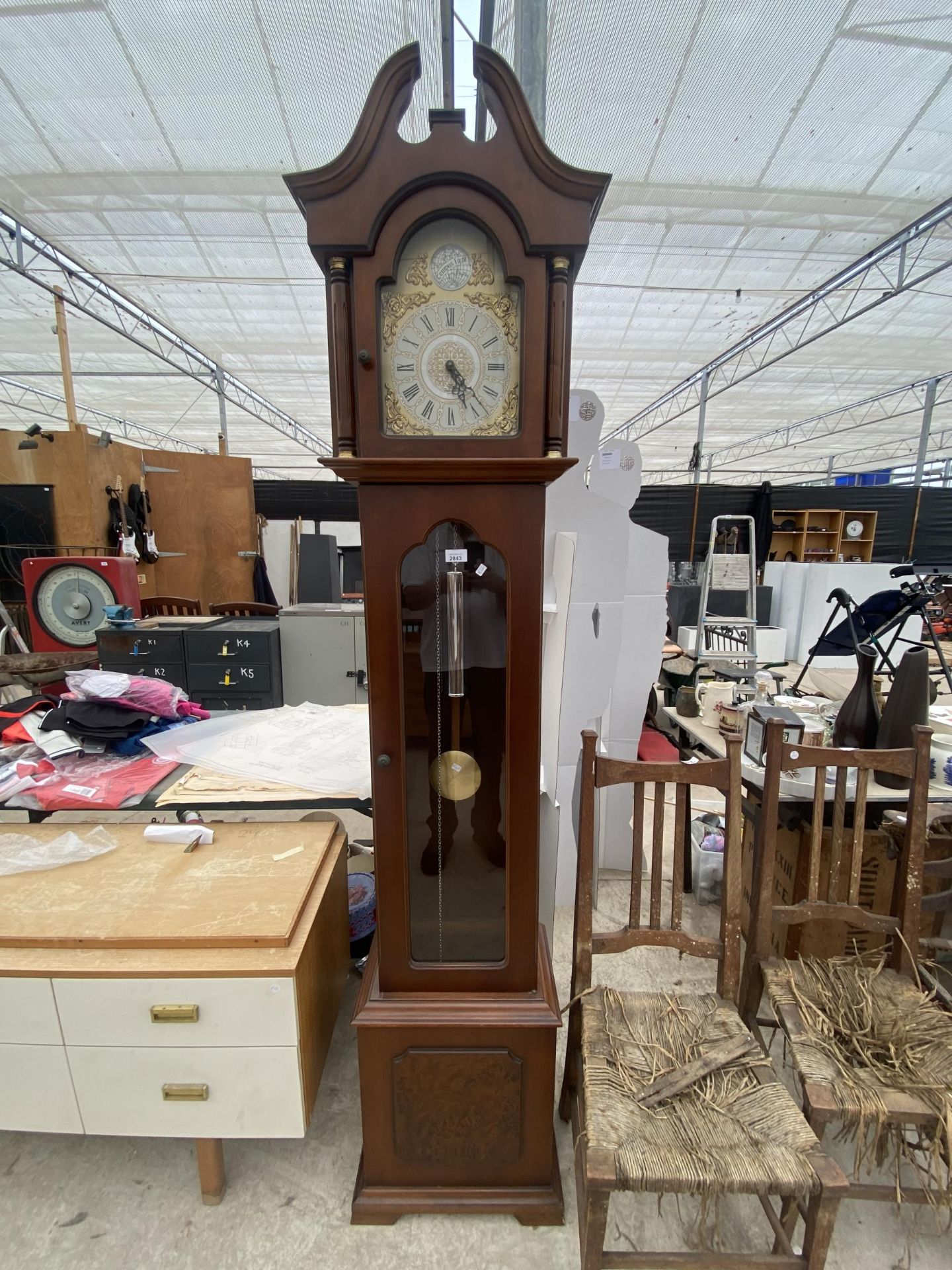 A MODERN TEMPUS FUGIT LONGCASE CLOCK WITH SINGLE WEIGHT AND GLASS DOOR