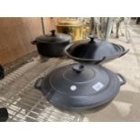 THREE CZAST IRON COOKING PANS TO INCLUDE LE CREUSET AND CHASSEUR ETC