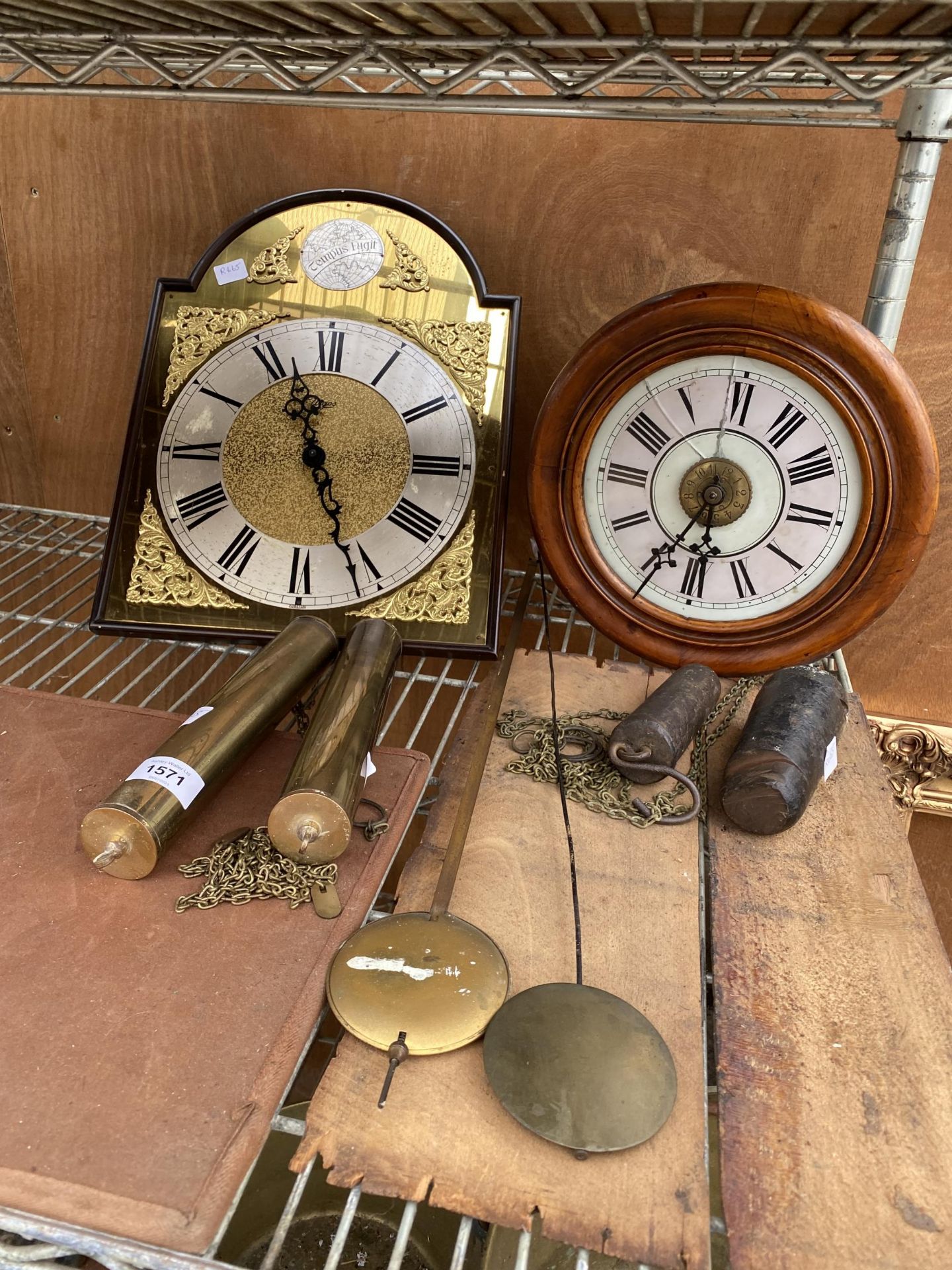 AN ASSORTMENT OF VINTAGE CLOCK SPARES TO INCLUDE WEIGHTS AND FACES ETC