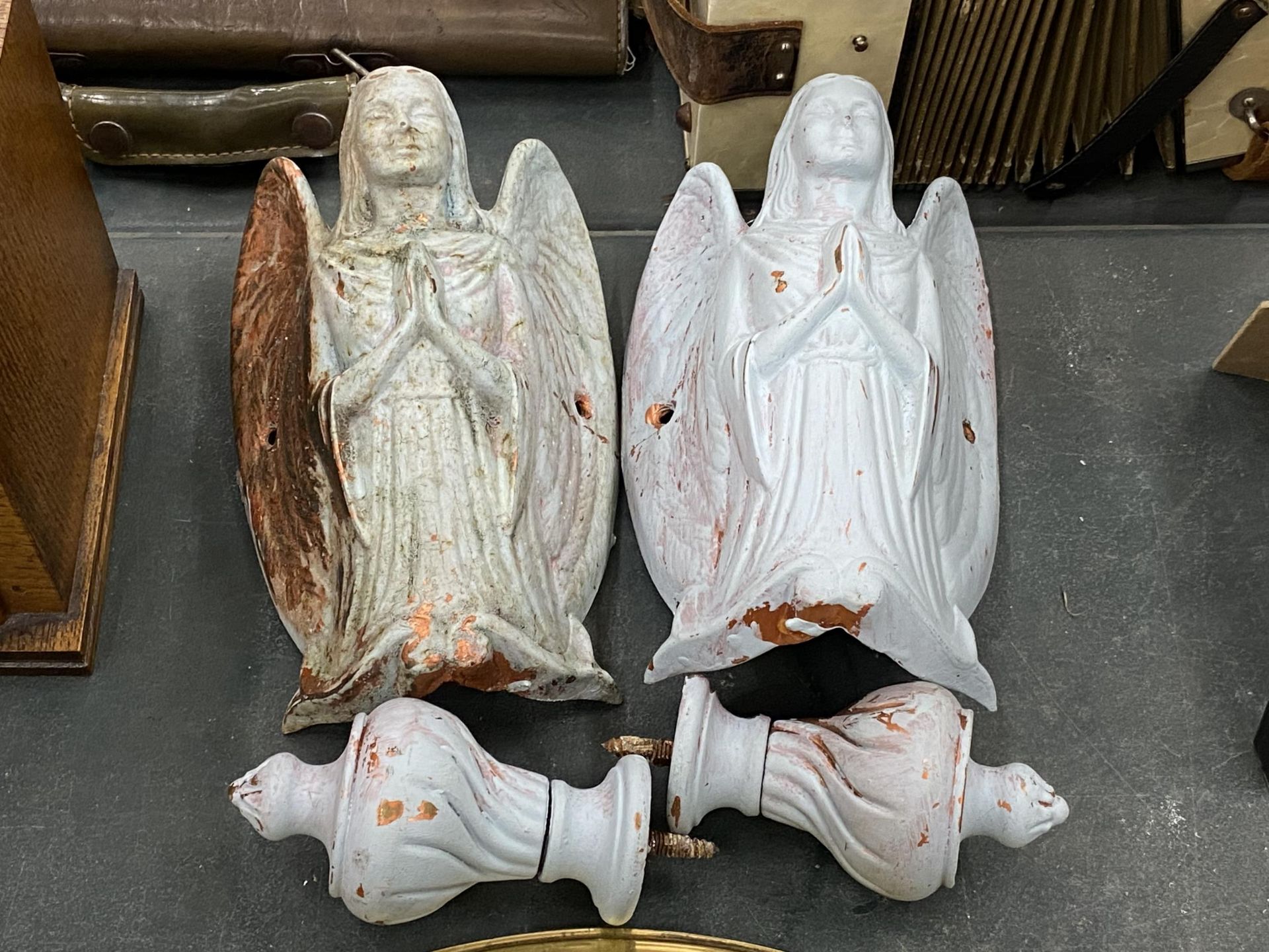 TWO COPPER STYLE ANGELS AND FINIALS 21CM