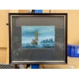 A FRAMED WATERCOLOUR OF A GALLEON AT SEA, SIGNED BY THE LATE RICHARD GOLDING CONSTABLE, GALLERY