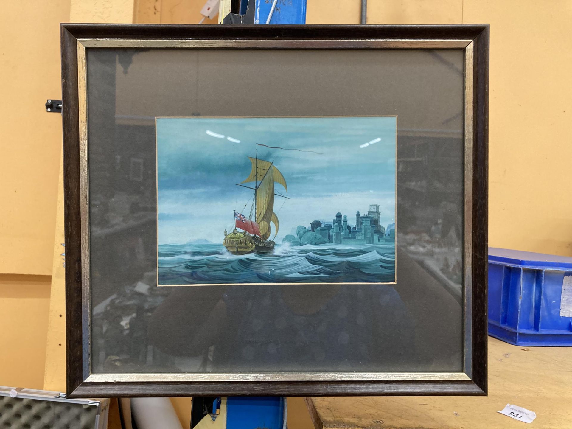 A FRAMED WATERCOLOUR OF A GALLEON AT SEA, SIGNED BY THE LATE RICHARD GOLDING CONSTABLE, GALLERY