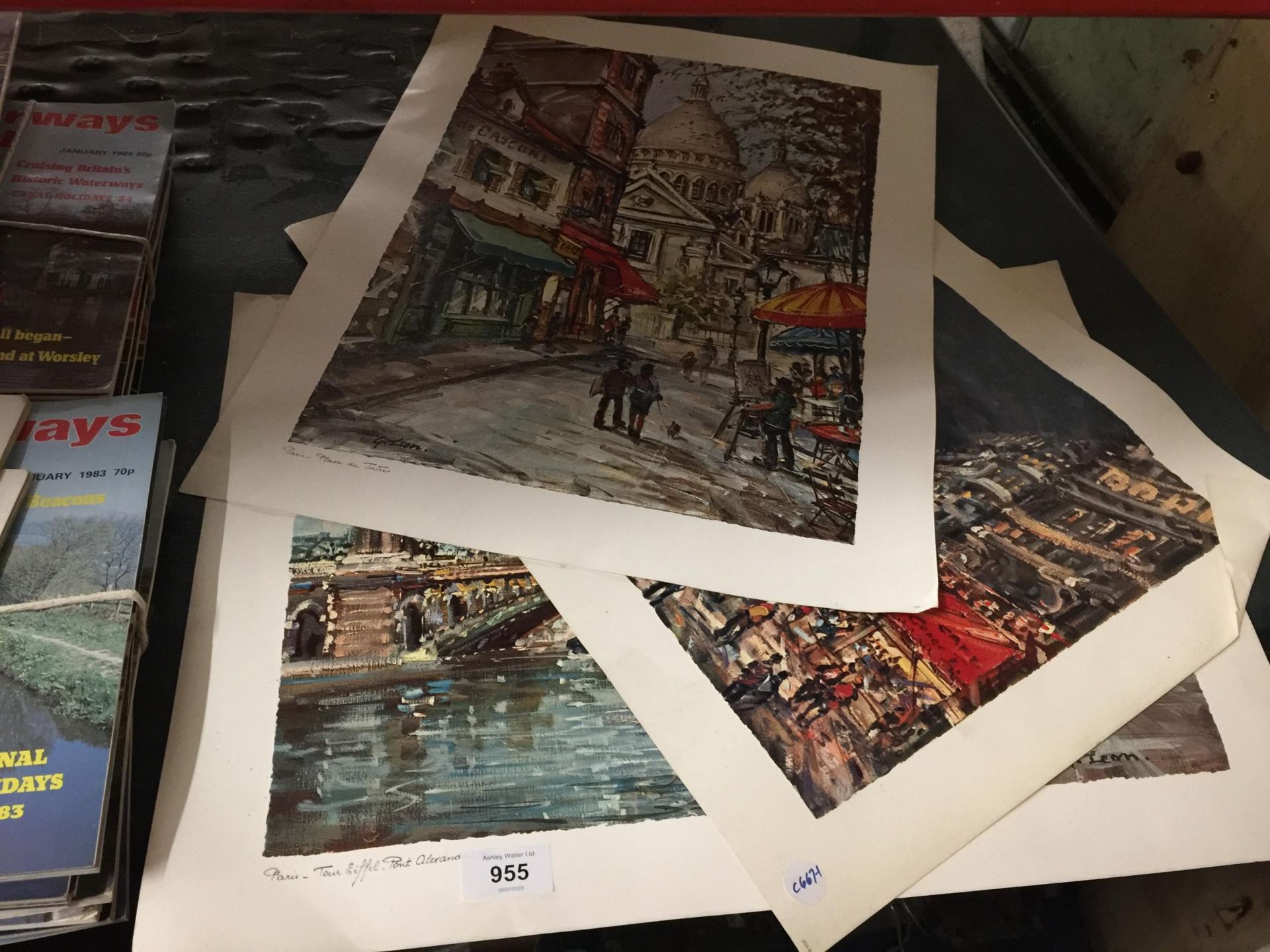 THREE UNFRAMED PRINTS OF PARIS, THE CHAMPS ELYSEES, PLACE DU TERTRE AND THE EIFFEL TOWER