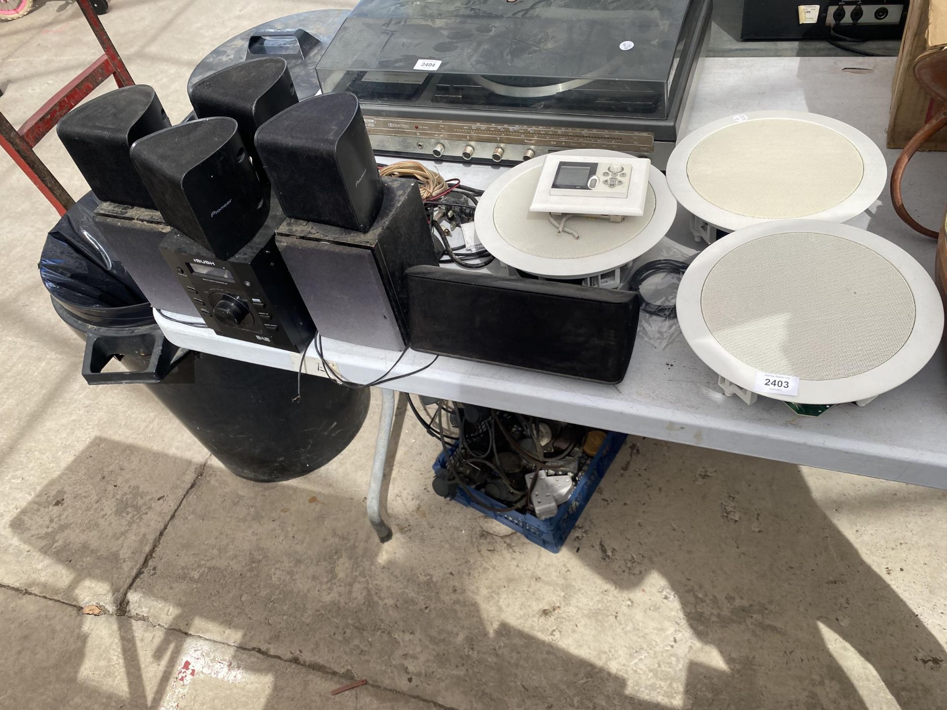 AN ASSORTMENT OF SPEAKERS AND A BUSH MINI STEREO SYSTEM